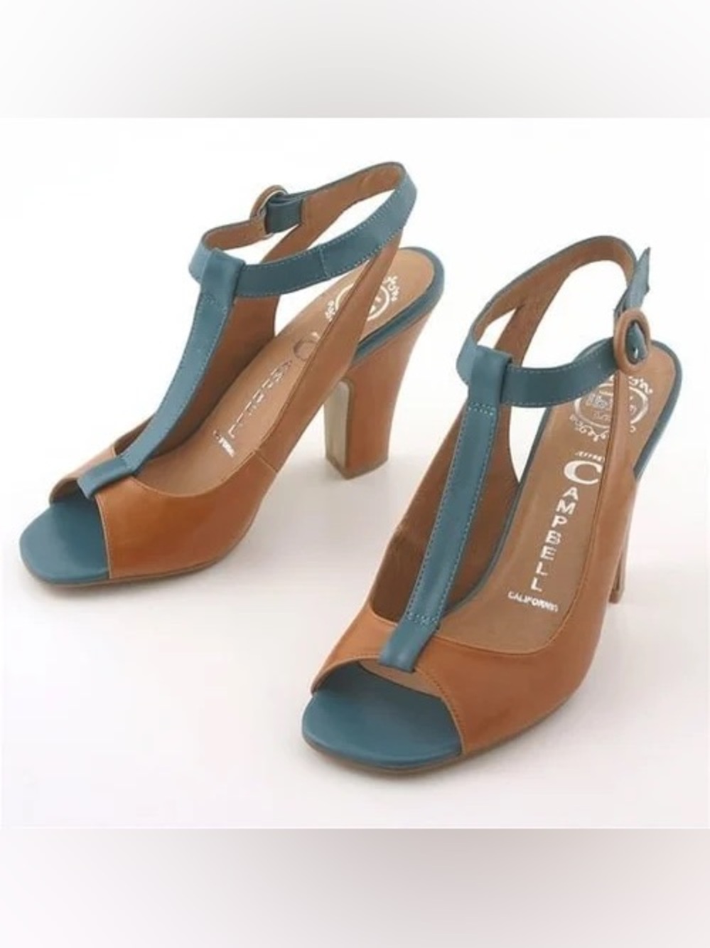Jeffrey Campbell Genuine Leather Teal and Brown T-Strap High Heel Sandals
